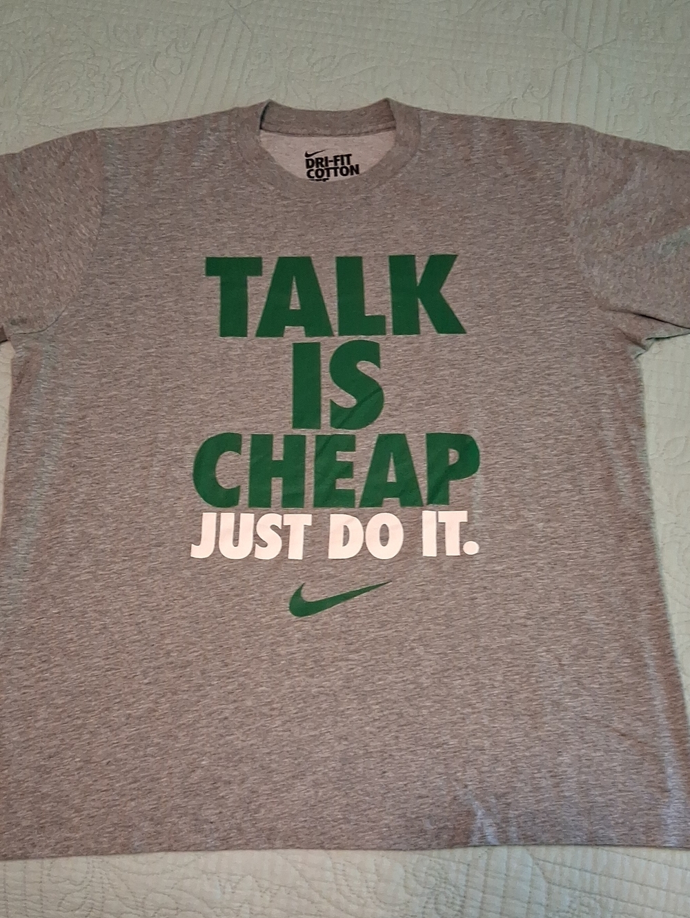 Nike Gray Heather Tee with Green and White Bold Slogan